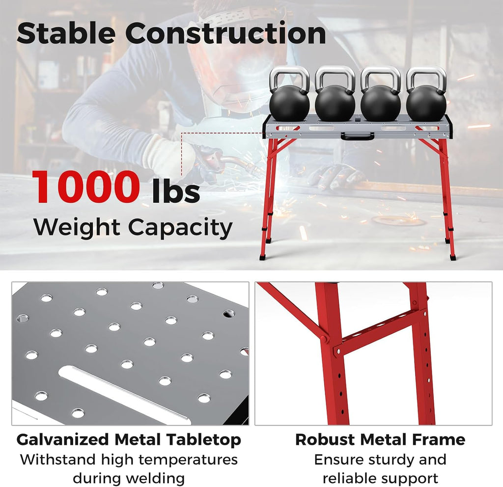 Goplus Portable Welding Table, 42' x 21' Folding Height Adjustable Weld Table Top w/1000LBS Capacity, 2 Bar Clamps, 8 Tool Slots, Handle, 0.7' Holes, Heavy-Duty Workbench Fixture Table for Garage