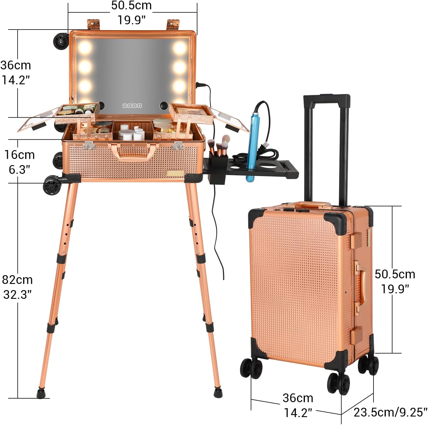 20' Aluminum Ligthed Makeup Train Case with LED Lights Professional Cosmetic Organizer Studio with Speaker, Wheels and Stands Rolling Trolley Makeup Vanity Station for Travel (Rose Gold)