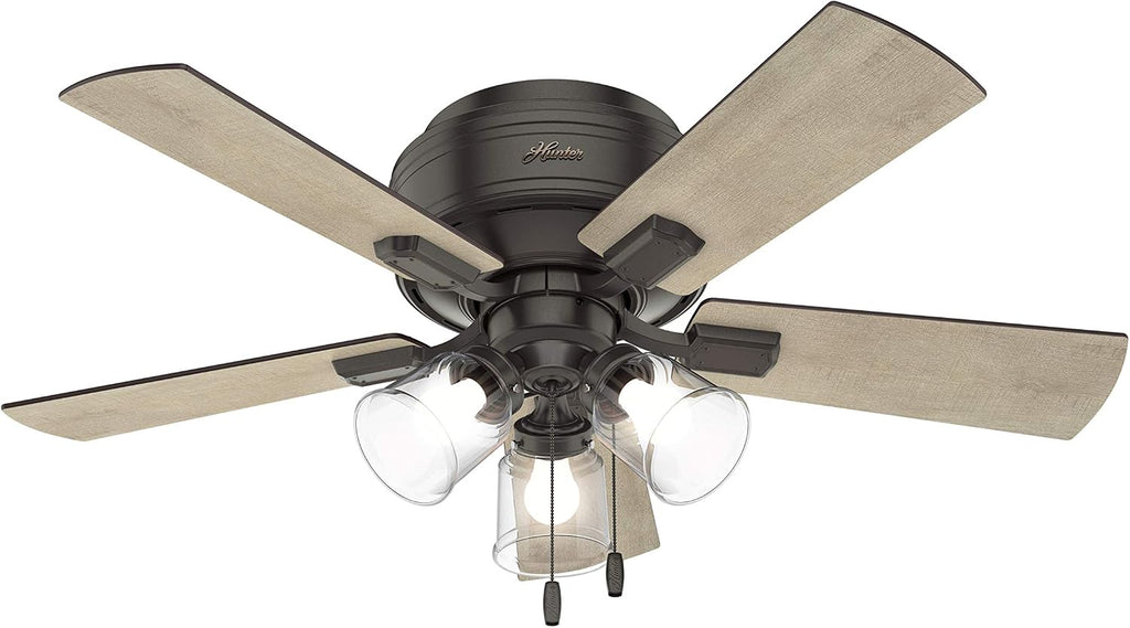 Hunter Fan 42 inch Noble Bronze Low Profile Indoor Ceiling fan with Clear Rippled Glass Light Kit and LED Bulbs (Renewed)