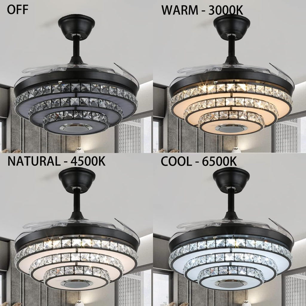 42' Retractable Fandelier Ceiling Fans with Lights Remote Control, Modern Crystal Chandelier with Bluetooth Speaker Reversible Silent Motor 7 Colorul Lighting 6 Speed for Living Room Bedroom