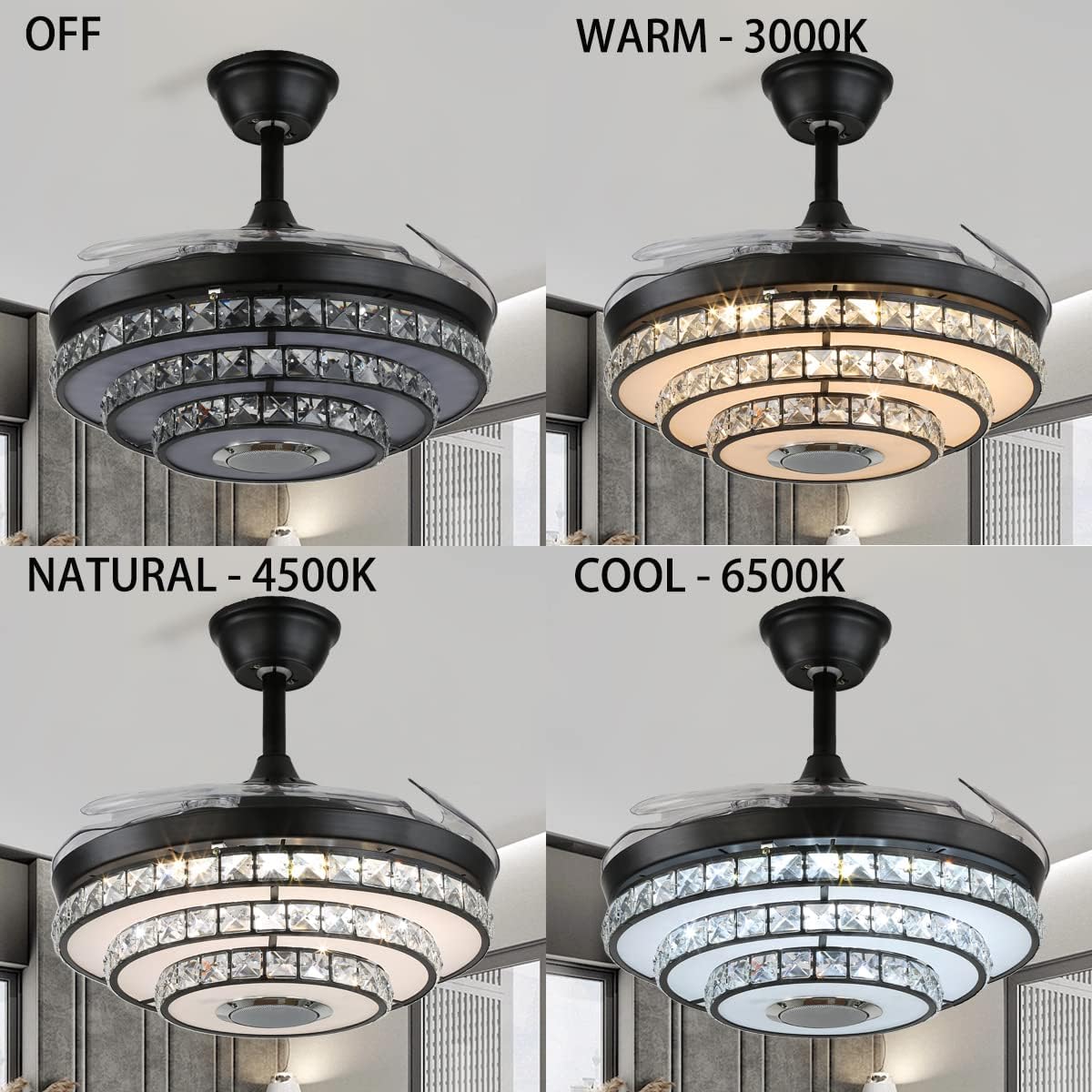 42' Retractable Fandelier Ceiling Fans with Lights Remote Control, Modern Crystal Chandelier with Bluetooth Speaker Reversible Silent Motor 7 Colorul Lighting 6 Speed for Living Room Bedroom