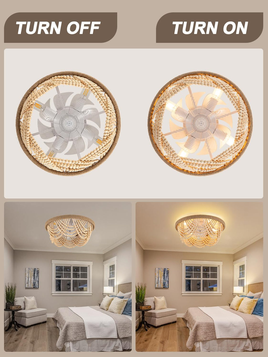 20' Boho Ceiling Fan with Light, Wood Beaded Flush Mount Ceiling Fans with 6 Speeds 3 Timing, Bohemian Caged Ceiling Fan for Living Room Kitchen Bedroom Nursery