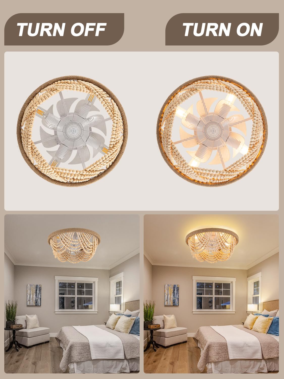 20' Boho Ceiling Fan with Light, Wood Beaded Flush Mount Ceiling Fans with 6 Speeds 3 Timing, Bohemian Caged Ceiling Fan for Living Room Kitchen Bedroom Nursery