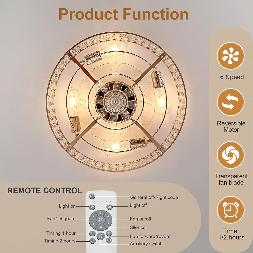 20 Inch Gold Crystal Fandelier Ceiling Fans with Lights, Ceiling Fans with Lights Remote Control, Mid Century French Caged Fandelier with 6 Speeds for Bedroom, Living Room