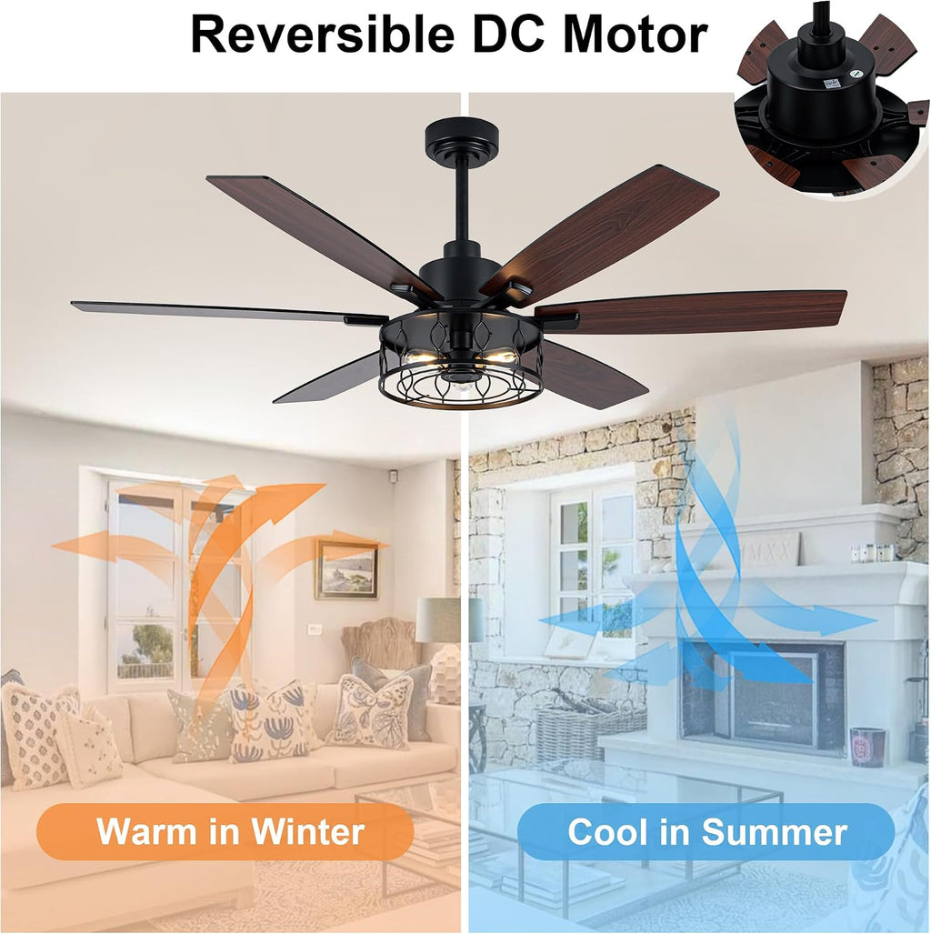 Farmhouse Ceiling Fan with Lights 60 Inch Rustic Ceiling Fan Black Caged Fandelier Large Chandelier Light for Living Room Indoor Outdoor, Reversible DC Motor 6 Speeds, 3 E26 Bulbs
