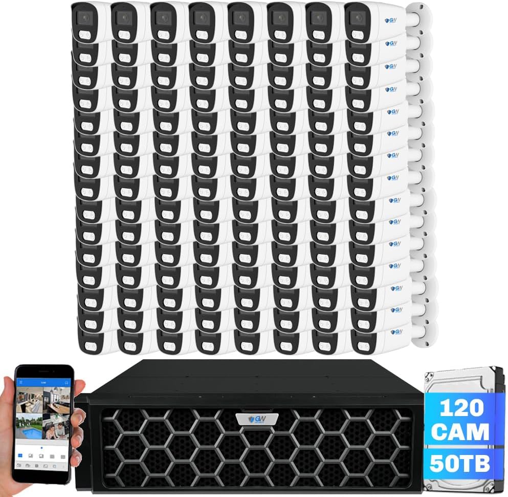 GW Security 128 Channel 12MP NVR 4K Security Camera System with 120 x 8MP PoE Spotlight Color Night Vision Outdoor/Indoor Microphone Bullet Cameras, Smart AI Human/Vehicle Detection, 50TB HDD