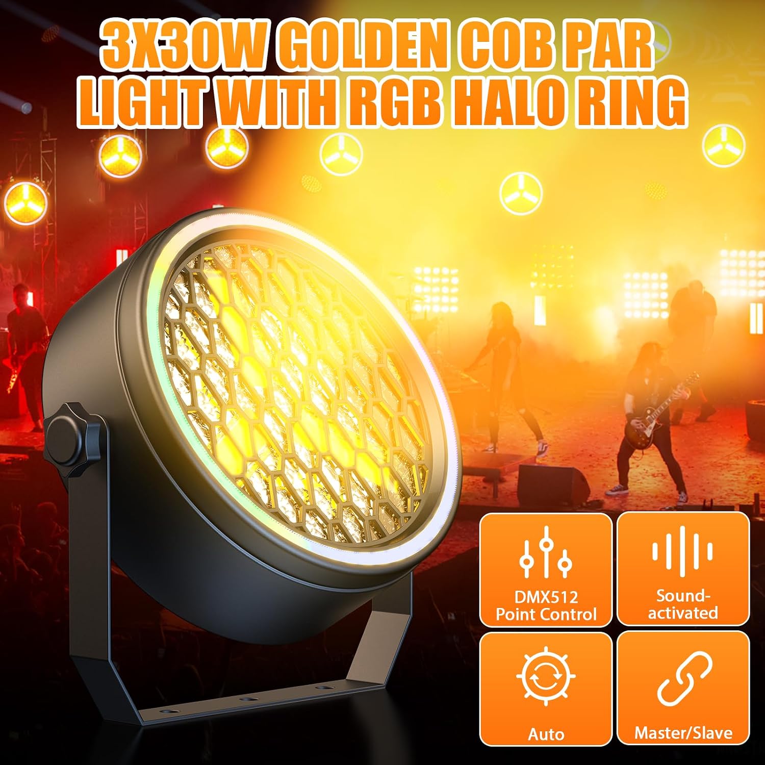 Stage Par Lights COB Stage Spotlights, Gold Super Bright LED Par Can Light with Strip, DMX512 Sound Activated Retro Uplights Indoor for Events Club Wedding Theater Church Dance Lighting(2 Pack)