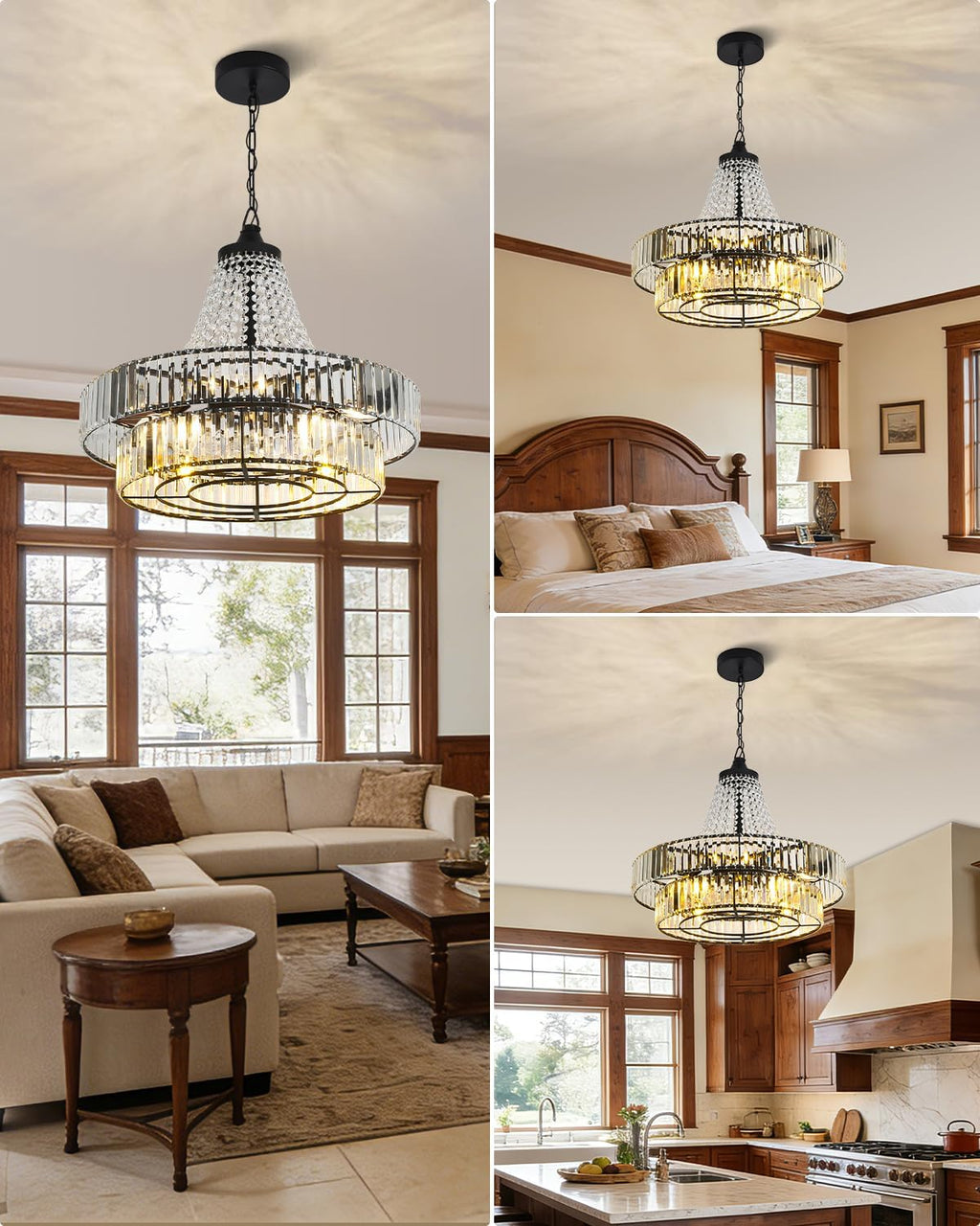 24 Inch Crystal Caged Double Layer Fandelier, Large Modern Chandelier Ceiling Fan with Light and Remote, Luxury Fandelier for Living Room, Bedroom, Reversible DC Motor, Height-Adjustable (Black)
