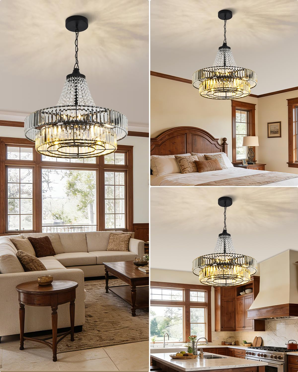 24 Inch Crystal Caged Double Layer Fandelier, Large Modern Chandelier Ceiling Fan with Light and Remote, Luxury Fandelier for Living Room, Bedroom, Reversible DC Motor, Height-Adjustable (Black)
