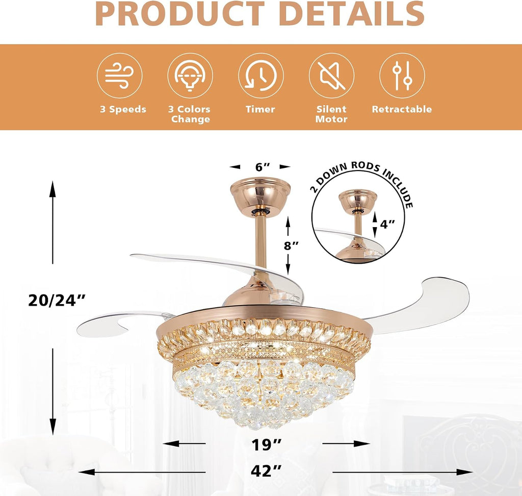 Bling Crystal Fan Chandelier, 42 Inch Rose Gold Chandelier Fans with Crystals, Retractable Fandelier Ceiling Fan with Light and Remote for Bedroom, Living Room, Dining Room