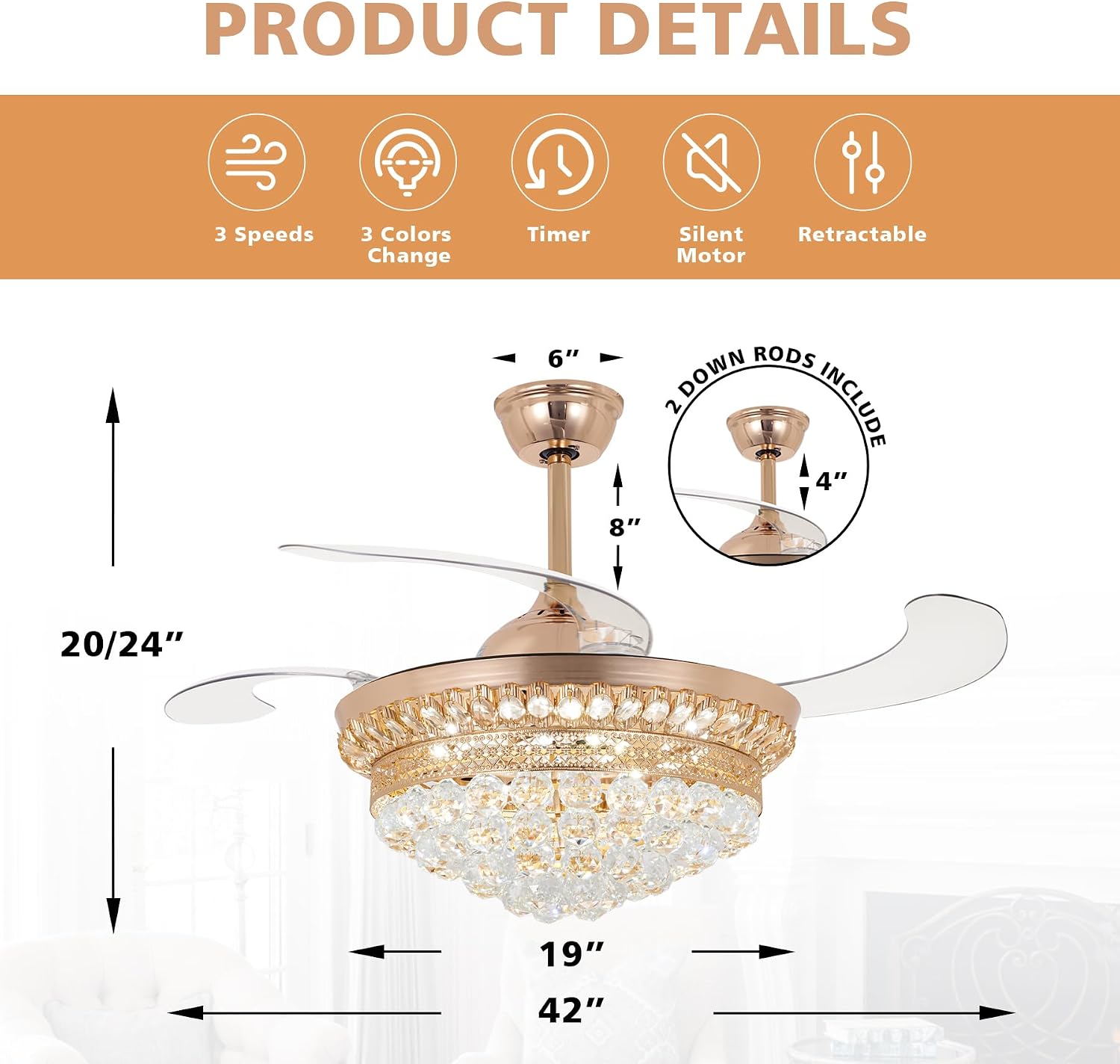 Bling Crystal Fan Chandelier, 42 Inch Rose Gold Chandelier Fans with Crystals, Retractable Fandelier Ceiling Fan with Light and Remote for Bedroom, Living Room, Dining Room