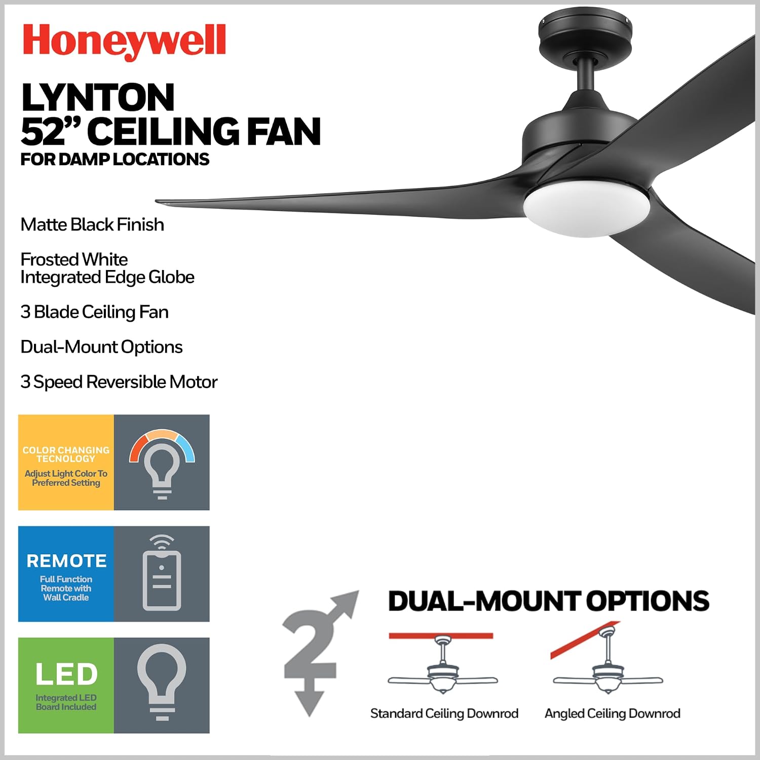 Honeywell Ceiling Fans Lynton, 52 Inch Indoor Outdoor Ceiling Fan with Color Changing LED Light, Remote Control, Matte Black High Performance Blades, Reversible Airflow - 51854-01 (Black)