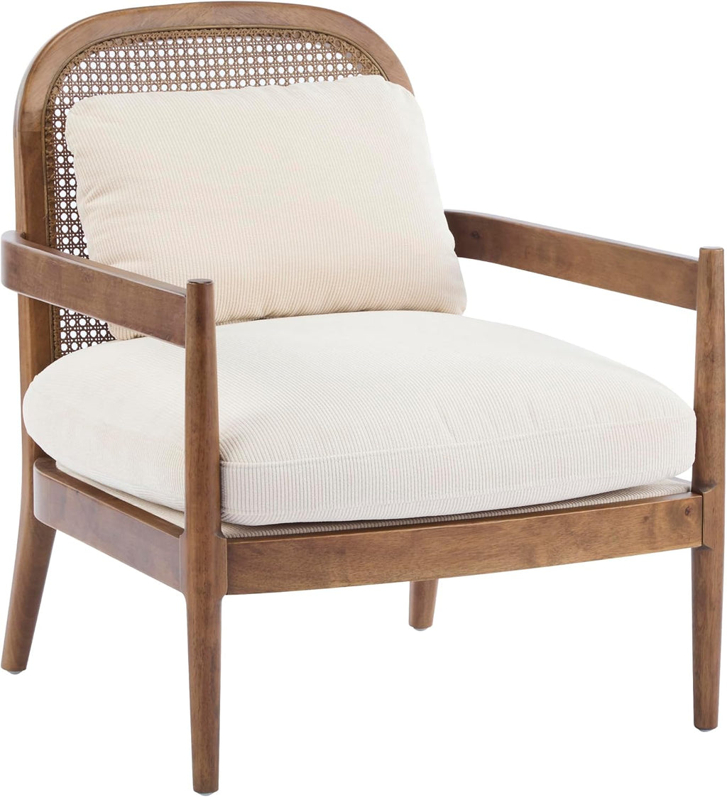 Christopher Knight Home Nadine Wooden Club Chairs Set of 2, Club Chair, Rattan Open Back Armchair, Accent Reading Sofa Chair with Cushions, Accent Chairs Set for Living Room Bedroom, Beige Stripe