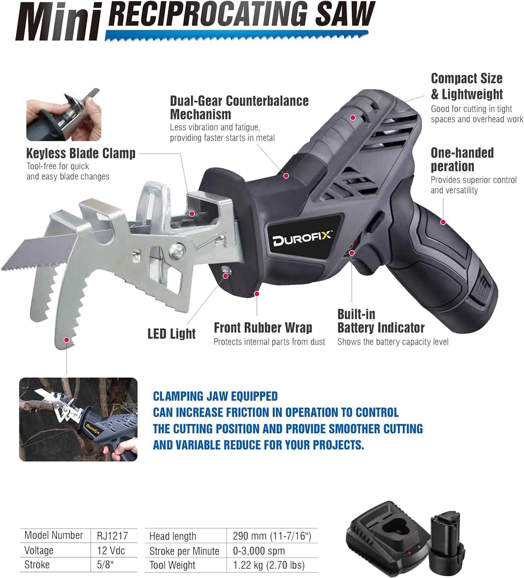 Durofix RJ1217-P2G G12 Series 12V Cordless Mini Reciprocating Saw Kit w/ 2 Batteries & Charger, 6-Interchangeable Saw Blades & Canvas Bag