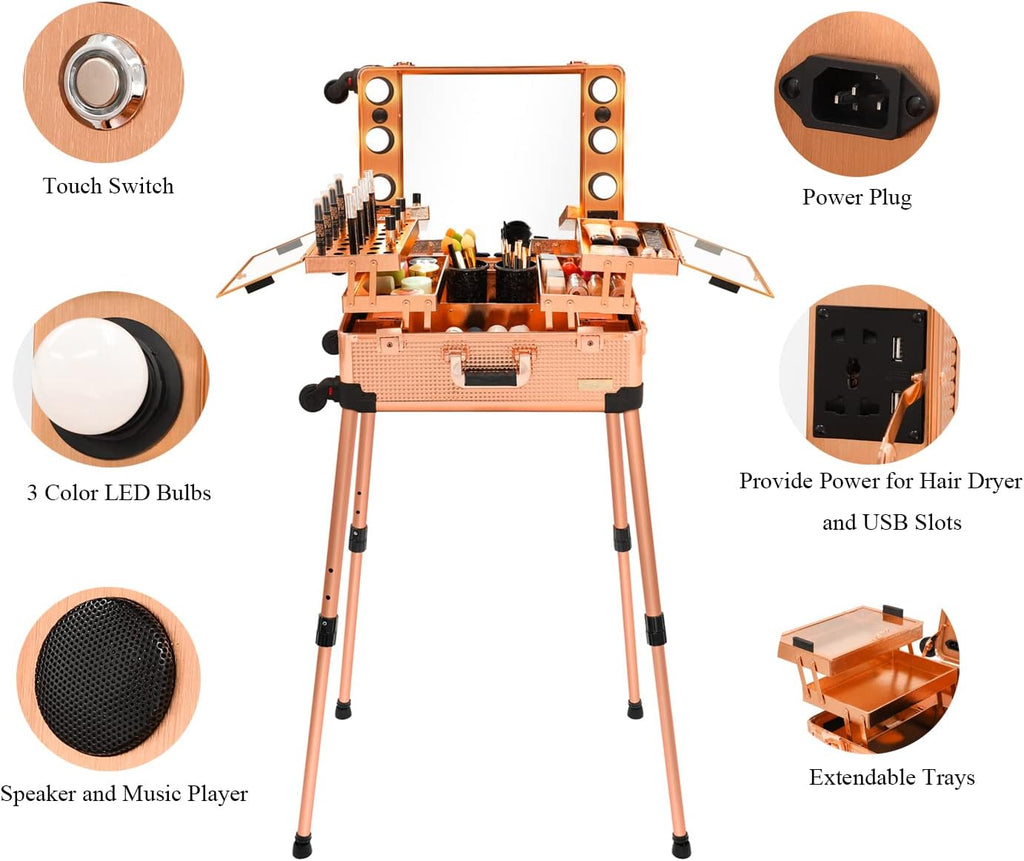 Aluminum Trolley Makeup Train Case with LED Lights Professional Cosmetic Organizer Studio with Speaker, Wheels and Stands Rolling Lighted Makeup Vanity Station for Travel (Rose Gold)