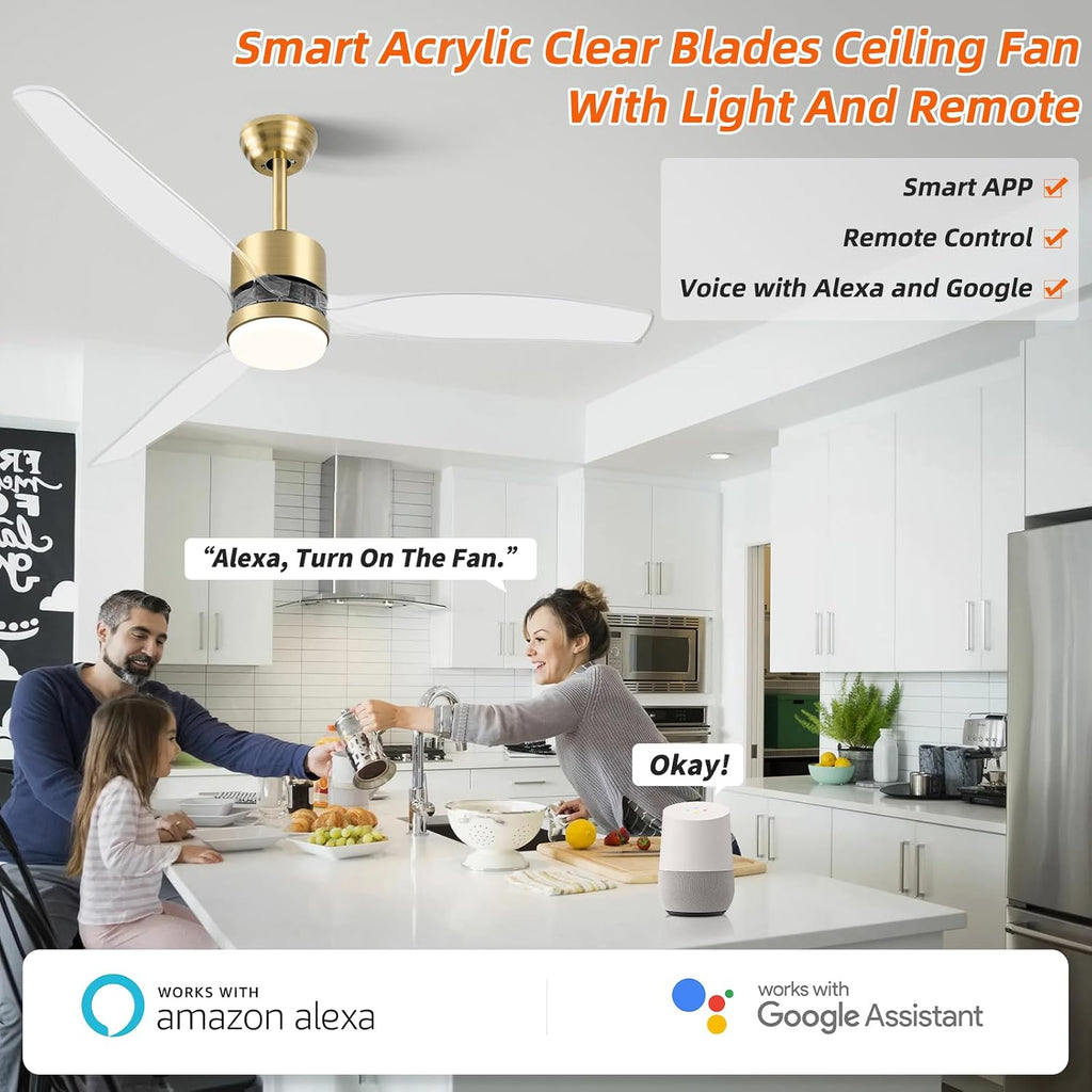 OKELI 52' Smart Ceiling Fan with Light, WiFi Enabled for Alexa & App Control, Reversible Gold Modern Ceiling Fan with Dimmable LED Light and Remote, Clear Blades for Living Room Bedroom