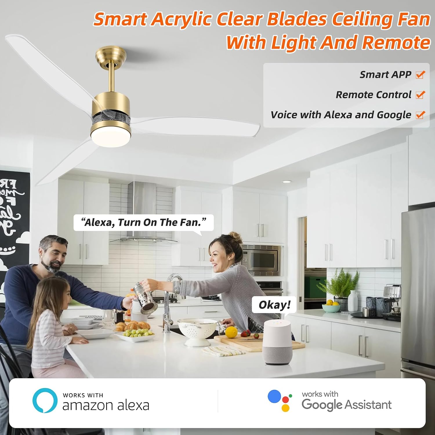 OKELI 52' Smart Ceiling Fan with Light, WiFi Enabled for Alexa & App Control, Reversible Gold Modern Ceiling Fan with Dimmable LED Light and Remote, Clear Blades for Living Room Bedroom