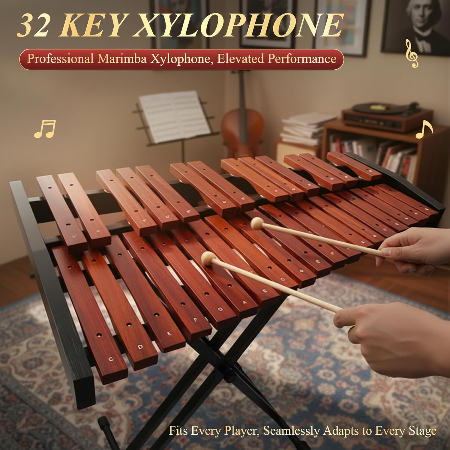 Marimba Xylophone 32 Key,with Mallets, Adjustable Stand,Carrying Case | Accurate tone;Made of solid wood;Waterproof protective case;Adjustable stand