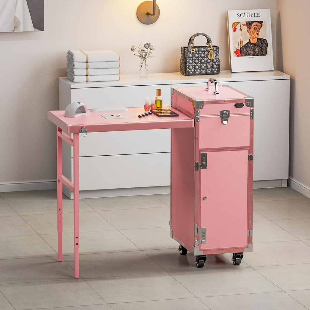 Icoget Portable Rolling Manicure Table for Nail Teach, Foldable Traveling Nail Desk w/Storage, Mobile Manicure Table w/Audio and Mirror, Makeup Train Case Cosmetic Trolley, Pink