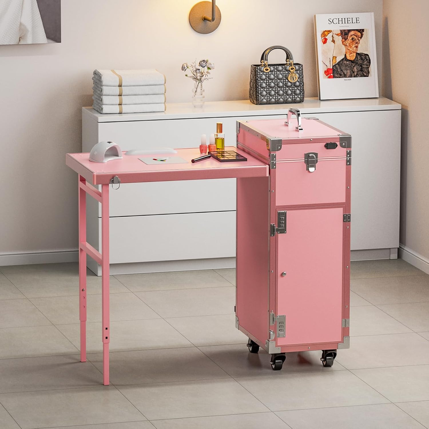 Icoget Portable Rolling Manicure Table for Nail Teach, Foldable Traveling Nail Desk w/Storage, Mobile Manicure Table w/Audio and Mirror, Makeup Train Case Cosmetic Trolley, Pink