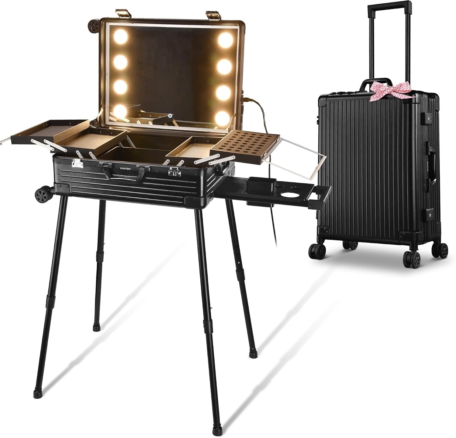 BYOOTIQUE Rolling Makeup Case with LED Lighted Mirror 24 Inch Professional Cosmetic Organizer Storage Travel Aluminum Trolley Case with Extendable Tray Adjustable Leg For Makeup Artist Studio Salon