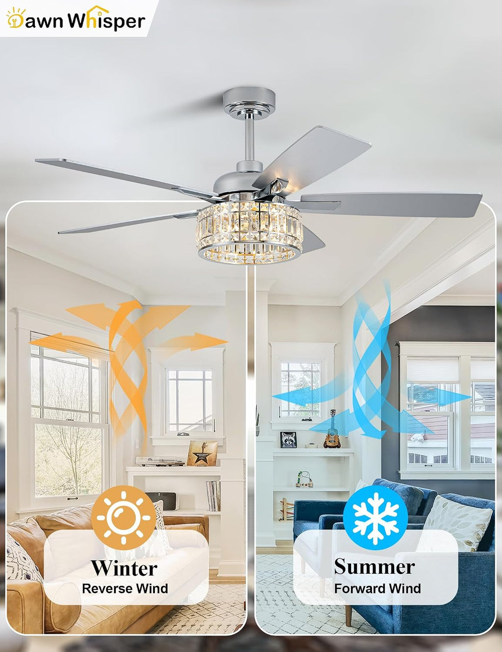 Dawn Whisper 52 Inch Modern Ceiling Fans with Lights Low Profile Silver Crystal Fandelier Ceiling Fans with Remote for Living Room Bedroom Kitchen Quiet Reversible DC Motor 6 Speeds Dual Finish