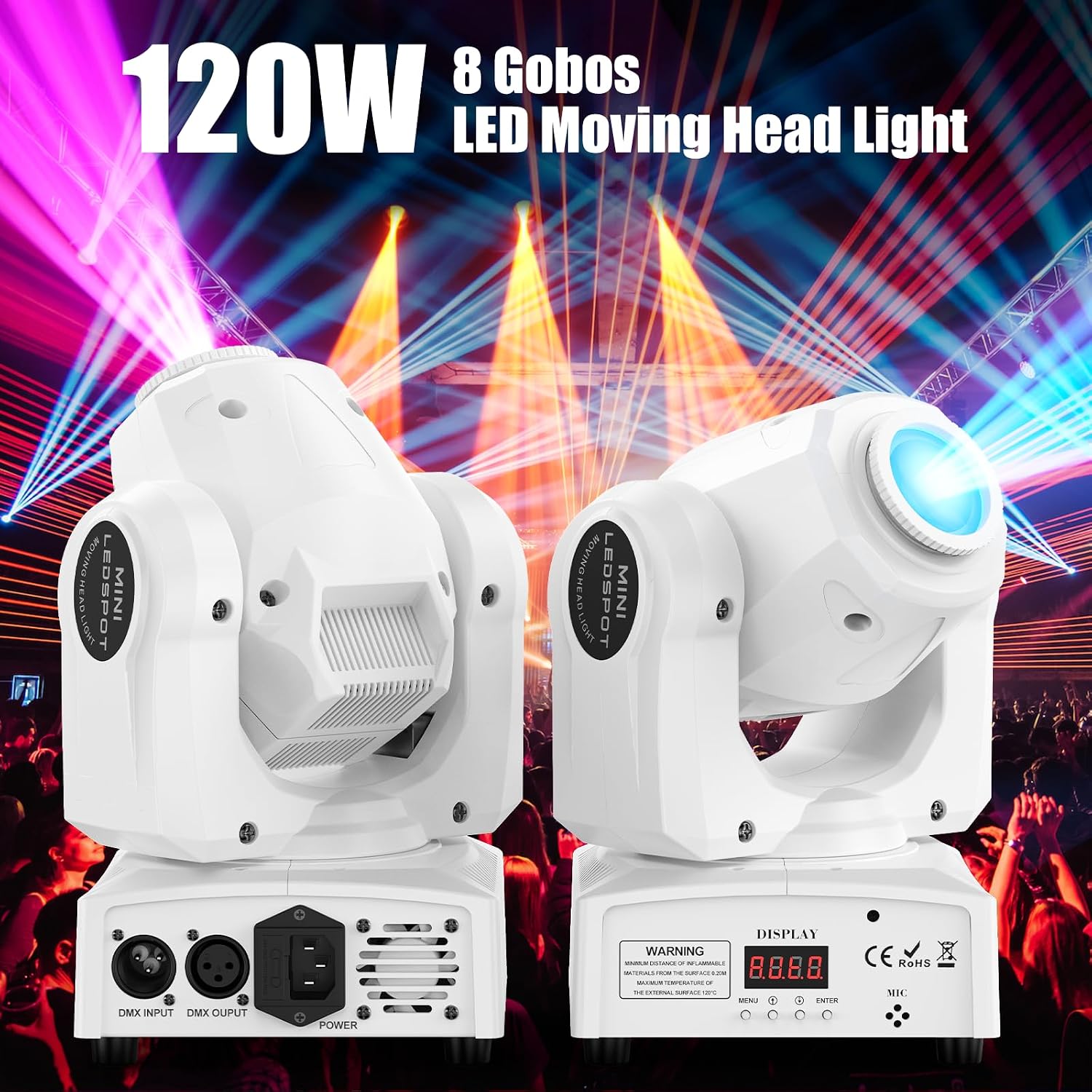 2 Pack 60W Moving Head Lights,White LED RGBW Stage DJ Light with Remote 8 Gobos 8 Colors Spotlight by DMX 512 Controlled 9/11 Channel for Church KTV Club Concert Party Wedding
