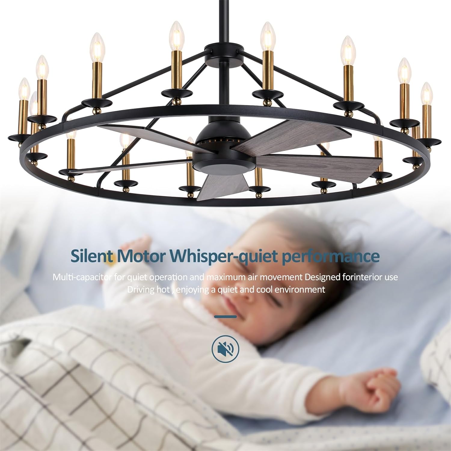44' Black+Gold Wagon Wheel Chandelier with Fans, Farmhouse Ceiling Fan with 16-Lights and Remote, Adjustable Height, Rustic Chandelier for Living Room Bedroom, 6-Speed Reversible Large Fandelier
