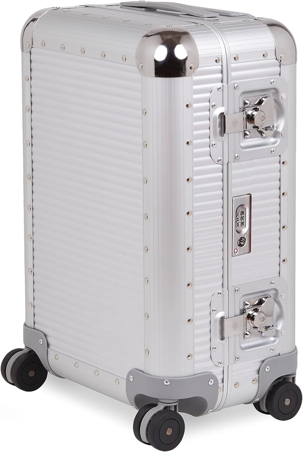 FPM MILANO Bank S 21' Made in Italy Aluminum Sport Carry-On Luggage - Hardside Framed Cabin Suitcase with 4 Spinner Wheels - International Carry-on Travel - Moonlight Silver
