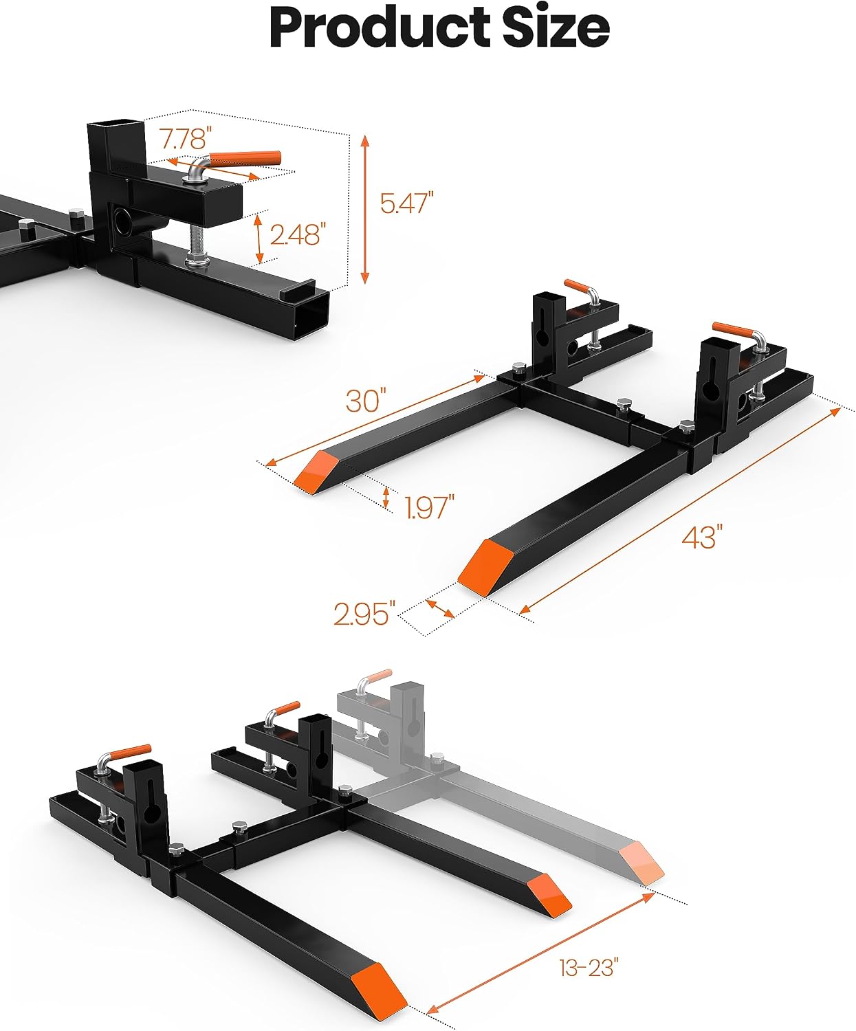 Heavy Duty Clamp-On Pallet Forks for Material Handling – 43' Forks, 2000 lbs Capacity, Quick Attach, Adjustable Stabilizer Bar, Fits Tractor Loader/Skid Steer – Black + Orange, 43' Fork Legs,