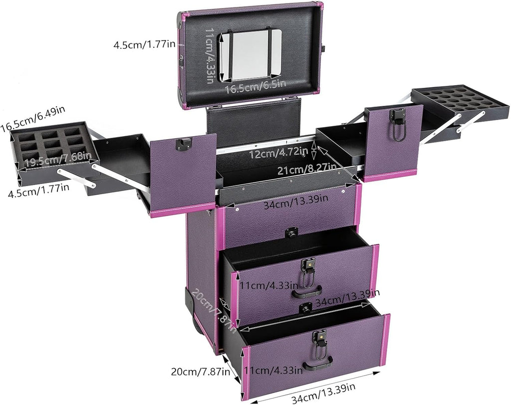 Professional Rolling Makeup Case Train Case Portable Cosmetic Organizer Trolley Lockable Rolling Make-ups Case Storage Cart Makeup Train Case Cosmetology Case On Wheels (Purple|4 trays)