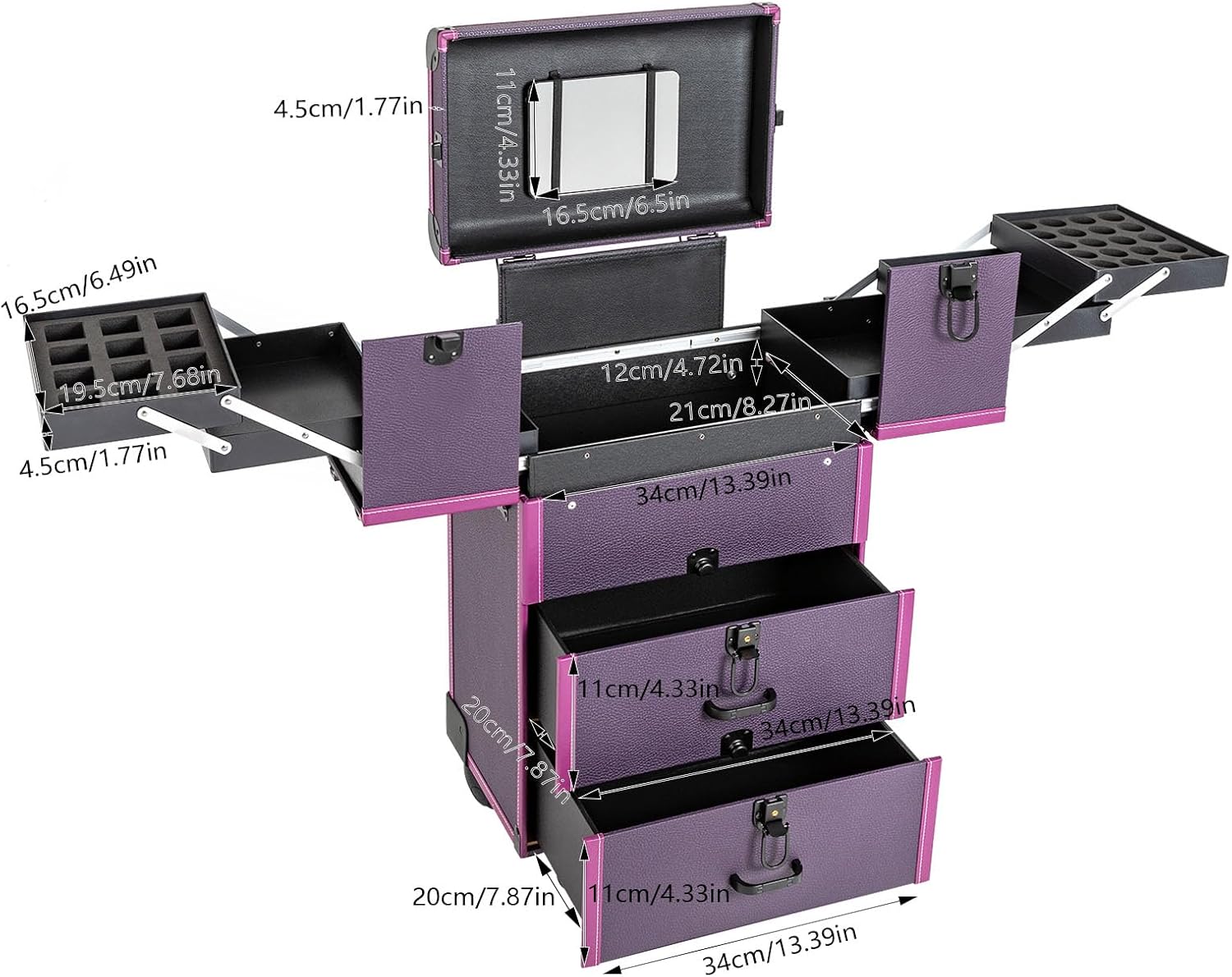 Professional Rolling Makeup Case Train Case Portable Cosmetic Organizer Trolley Lockable Rolling Make-ups Case Storage Cart Makeup Train Case Cosmetology Case On Wheels (Purple|4 trays)