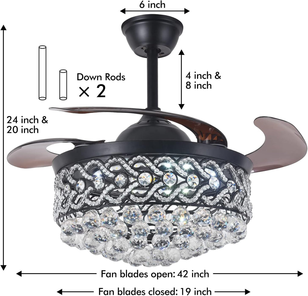 Black Crystal Chandelier Fan, 42' Fandelier Ceiling Fan with Light, Ceiling Fans with Retractable Blades Lights and Remote for Living Dinning Room