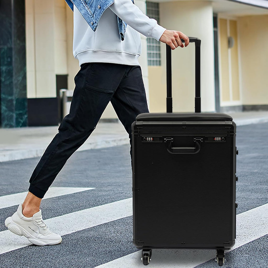 Rolling Makeup Case, Tattoo Trolley Case with Tattoo Armrest Stand & 3 Drawers & Code Lock Portable Travel Case with 4 Universal Wheels Adjustable Tattoo Workstation Tattoo Station Suitcase