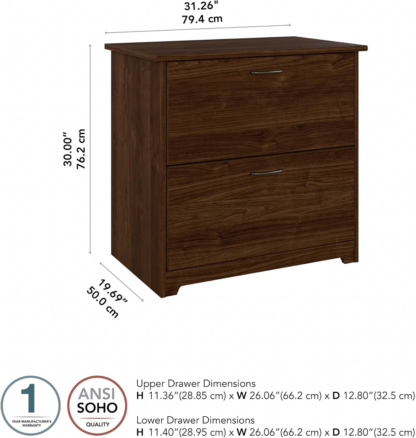 Bush Home Cabot 2 Drawer Lateral File Cabinet in Espresso Oak, Home Office Chest for Letter, Legal, and A4-size Document Storage