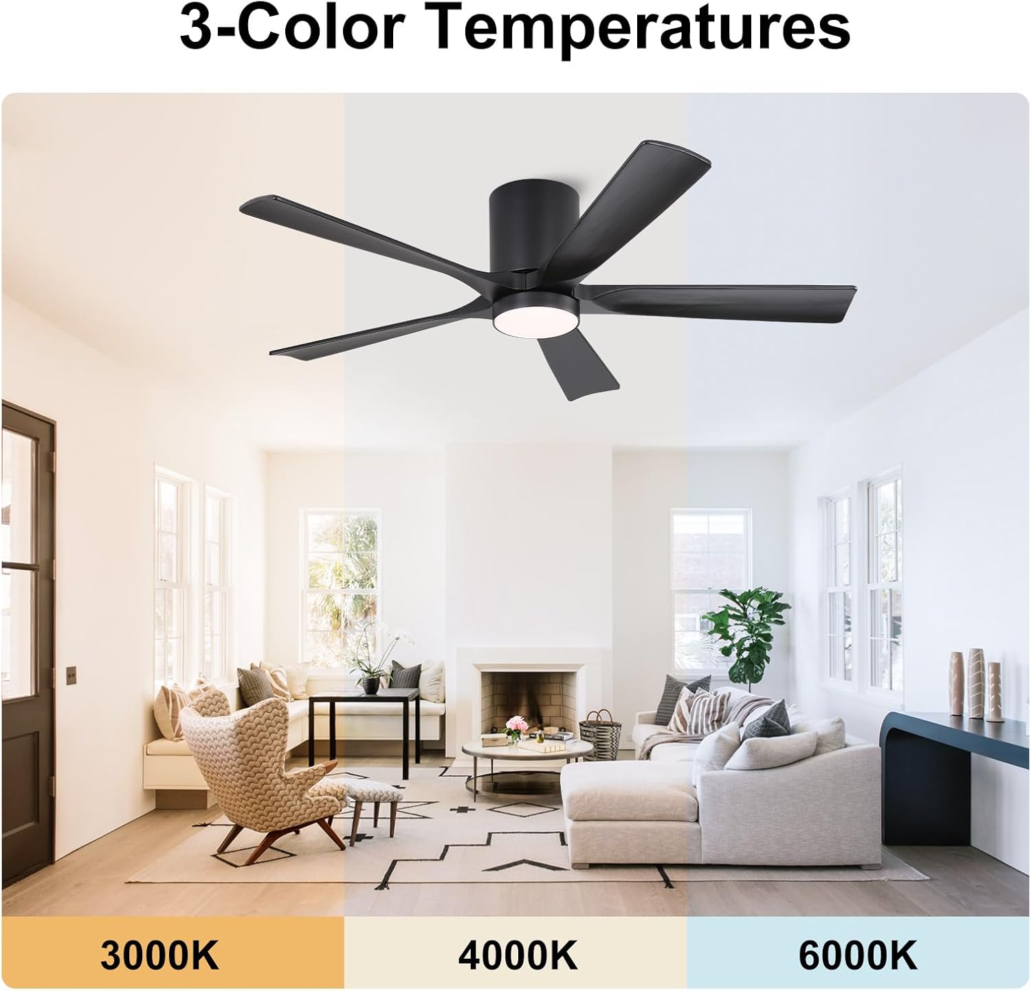 ELEHINSER 52 Inch Flush Mount Ceiling Fan with Lights, Low Profile Modern Ceiling Fan with Remote, Quiet DC Motor, 6-Speed, 3CCT,Timer, 5 Solid Wood Blades, Black
