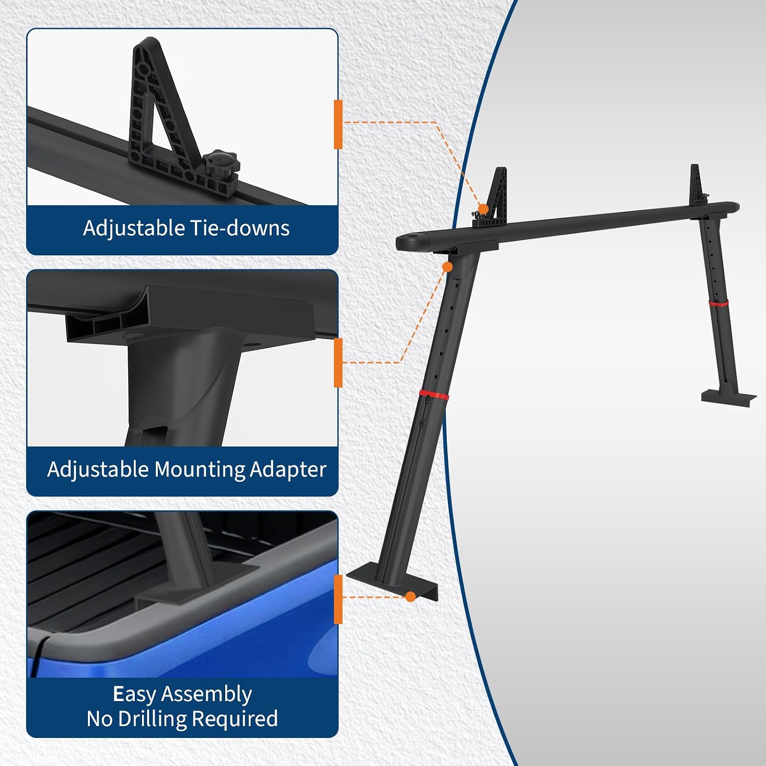 Adjustable Aluminum Pickup Ladder Rack 35.4–71', 800 lb Heavy-Duty Two-Bar Truck Bed Rack with No-Drill C-Clamp Mount, Utility Hauler for Kayaks, Lumber, Surfboards & Ladders - Black