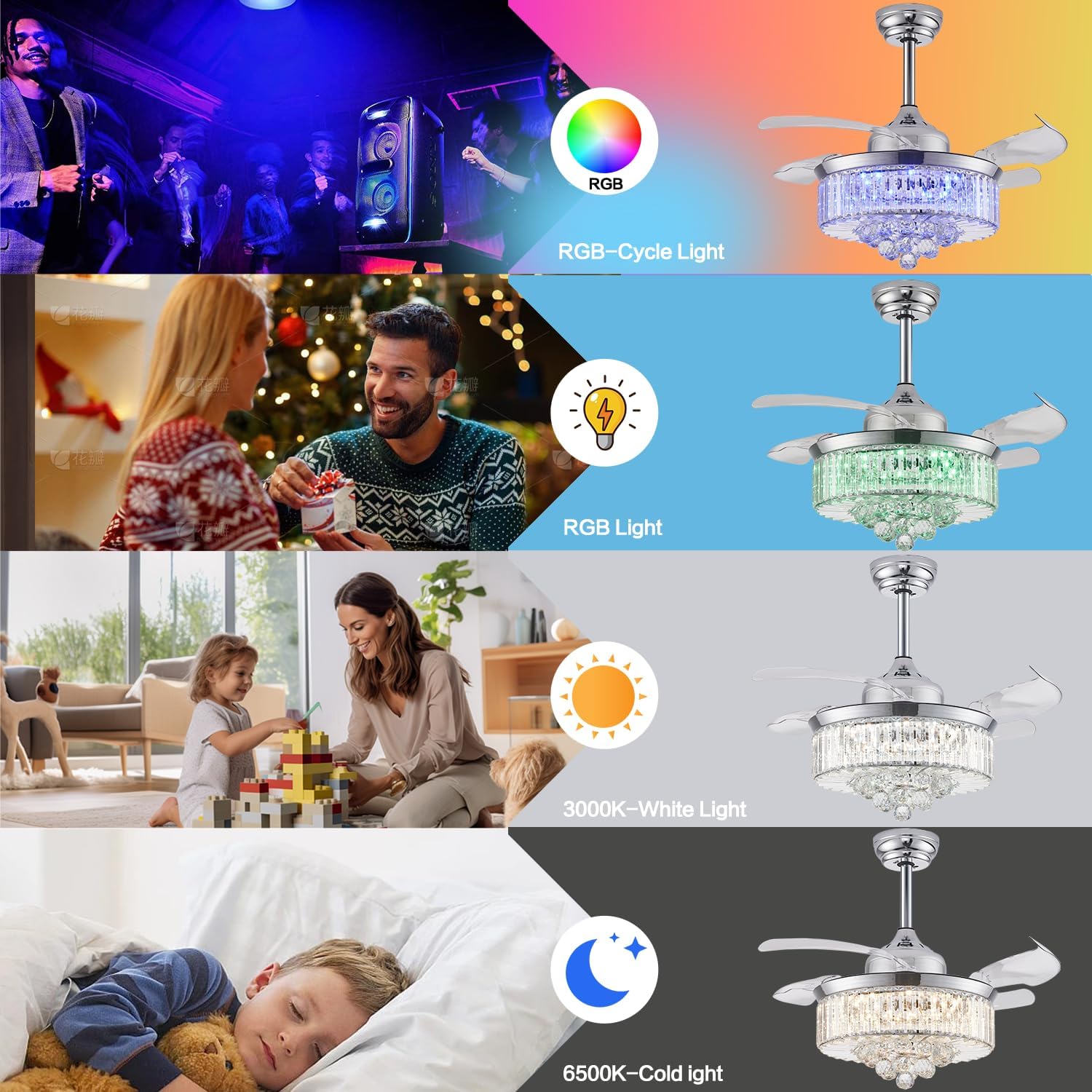 42' RGB Bluetooth Fandelier Ceiling Fan,Crystal LED Chandelier, Retractable Blades 6-Speed Music Player Remote APP Control Silver