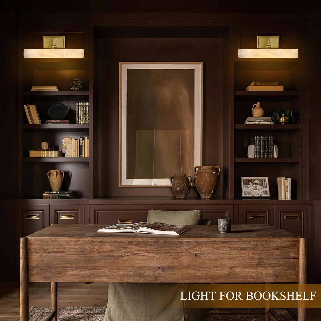 12in Alabaster Picture Light for Wall Art, Brushed Gold Art Display Light, Natural Marble Bathroom Vanity Lights, Modern Dimmable Brass Hardwired Picture Frame Light for Paintings, Poster, Library
