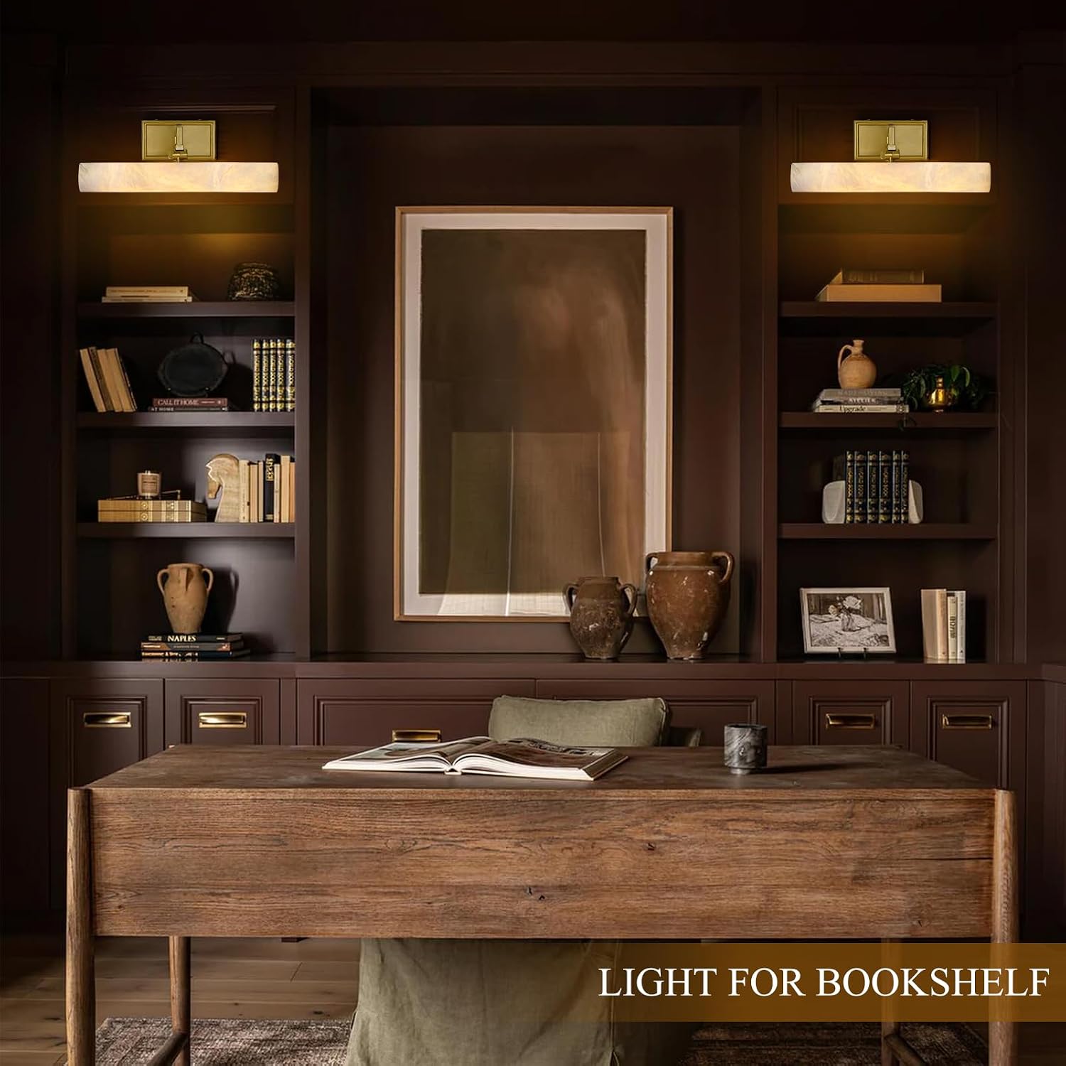 12in Alabaster Picture Light for Wall Art, Brushed Gold Art Display Light, Natural Marble Bathroom Vanity Lights, Modern Dimmable Brass Hardwired Picture Frame Light for Paintings, Poster, Library