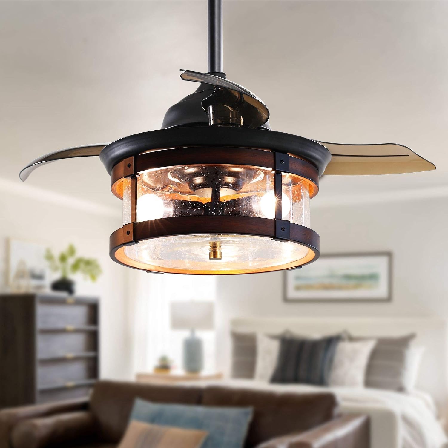 Parrot Uncle Ceiling Fans with Lights and Remote Farmhouse Bedroom Ceiling Fan with Light and Retractable Blades, Black, 36 Inch