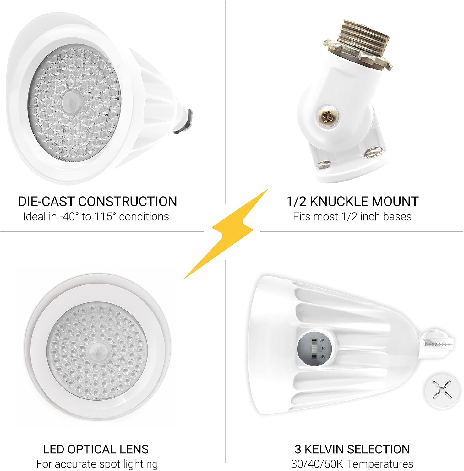 NUWATT 25W Bullet White Spotlight Outdoor LED Landscape Lighting, 3500 LM Bright Outdoor Light for Yard, 30K/40K/50K Selectable, 1/2' Knuckle Mount, 120-277V Waterproof Flag Pole Lights (6-Pack)