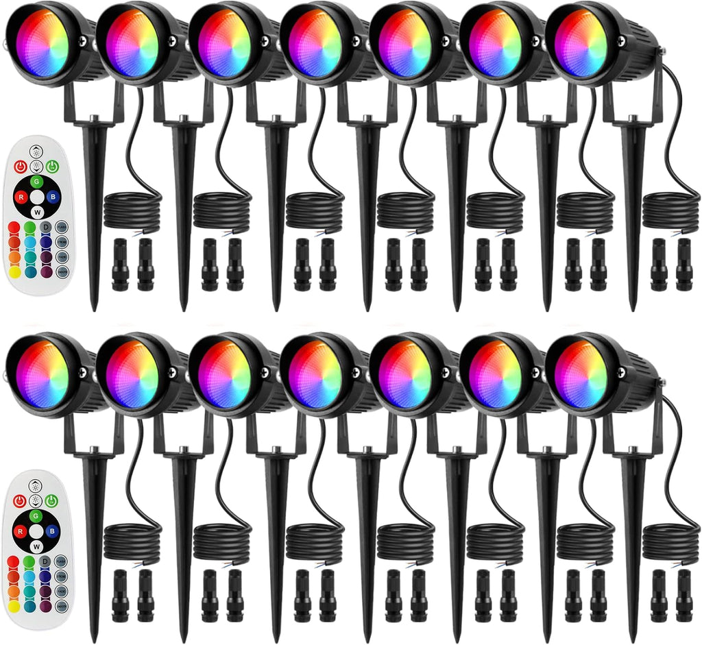 Christmas Spotlights Outdoor Low Voltage Landscape Lights RGB Color Changing LED Landscape Lighting Waterproof Garden Pathway Yad House LED Spot Lights Outdoor (14Pack with Connectors)