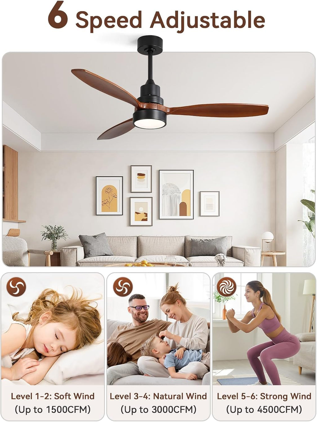 Sofucor 52 Inch Smart Ceiling Fans no Light, 3 Blade Wood Ceiling Fan Works with Remote/App/Alexa/Google, for Indoor Bedroom Living Room Outdoor Patio Porch, Brown