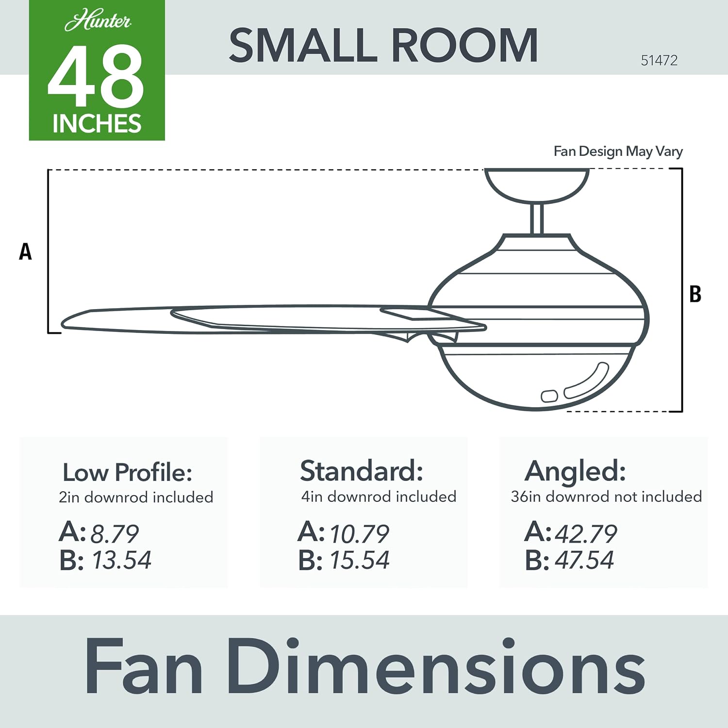 Hunter 48 inch Indoor Ceiling Fan with LED Light and Remote Control - Black Ceiling Fan, Standard Mount, 3 Blades, For Bedroom, Living Room, or Kitchen, Quiet - Midtown 51472, Matte Black