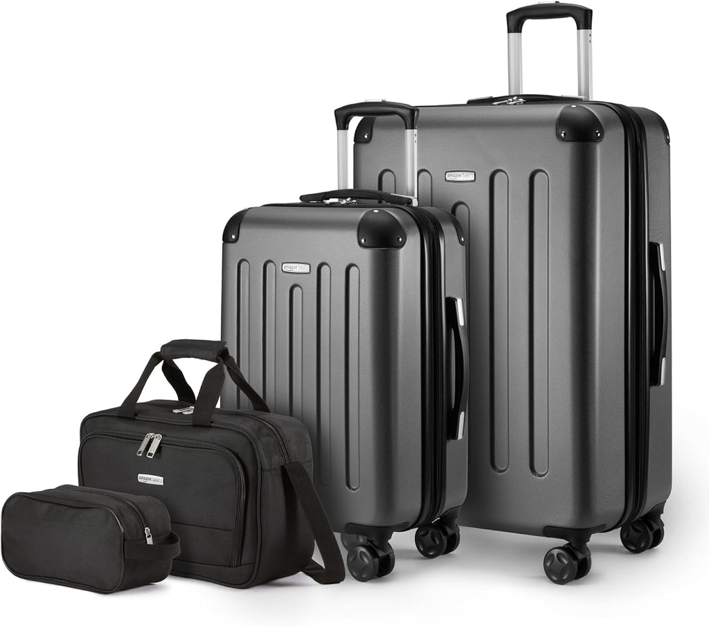 Amazon Basics 4-Piece Luggage Set, Hardside Suitcases with Spinner Wheels (22' Carry On & 28' Checked), Tote Bag & Travel Bag, Black
