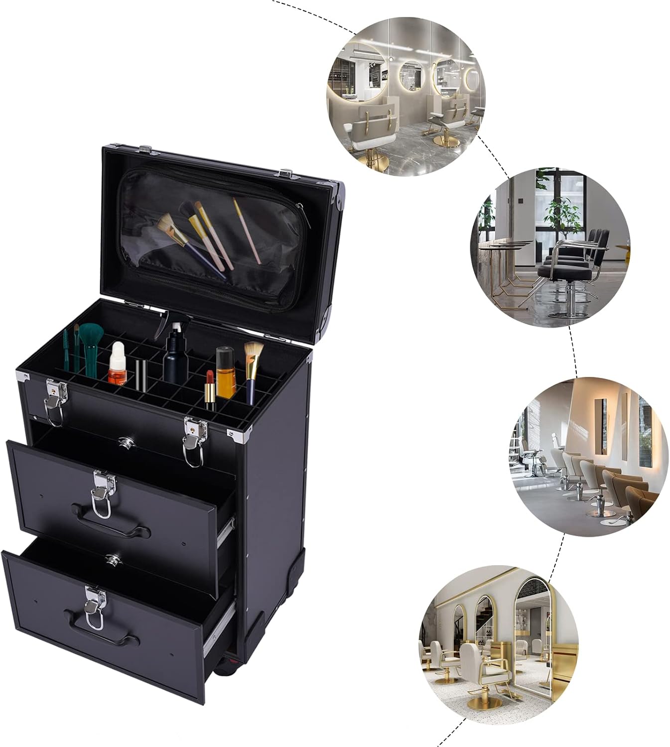 Professional Rolling Makeup Case Train Case Portable Cosmetic Organizer Trolley Lockable Rolling Make-ups Case Storage Cart Makeup Train Case Cosmetology Case On Wheels (Black|3 trays|Type B)