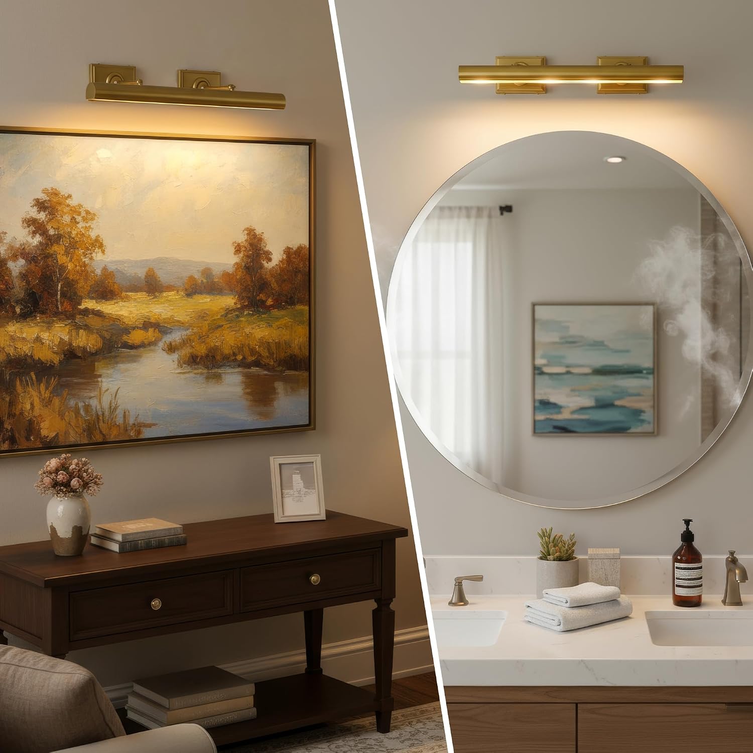 Picture Light, 24in Hardwired Picture Lights for Wall, Dimmable Wall Sconces Poster Light, Brass 4 Lighting for Paintings Frames Art Display Gallery Bedroom Living Room No Bulbs