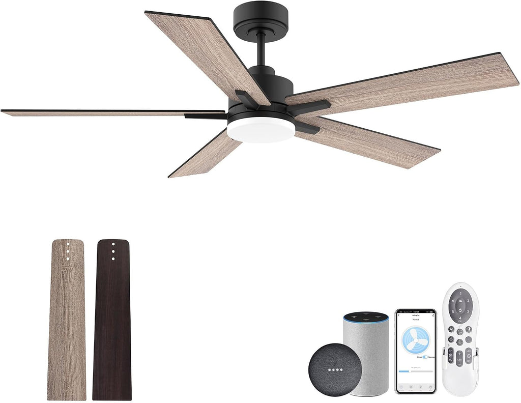 Lorpies 52' Smart Ceiling Fan with Lights Remote,Ultra Silent DC Motor,Control via Alexa Google Voice App Wifi,Outdoor Indoor Modern Ceiling Fans for Bedroom Patio Porch,Dimmable,Black Walnut Brown