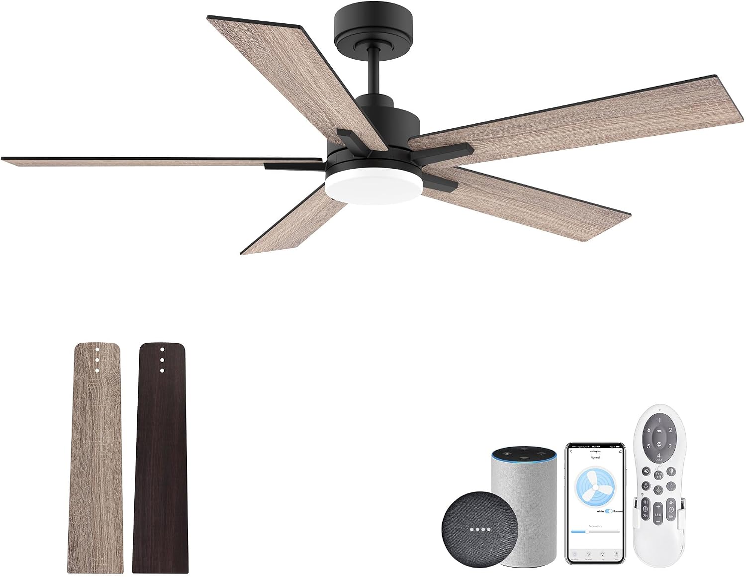 Lorpies 52' Smart Ceiling Fan with Lights Remote,Ultra Silent DC Motor,Control via Alexa Google Voice App Wifi,Outdoor Indoor Modern Ceiling Fans for Bedroom Patio Porch,Dimmable,Black Walnut Brown
